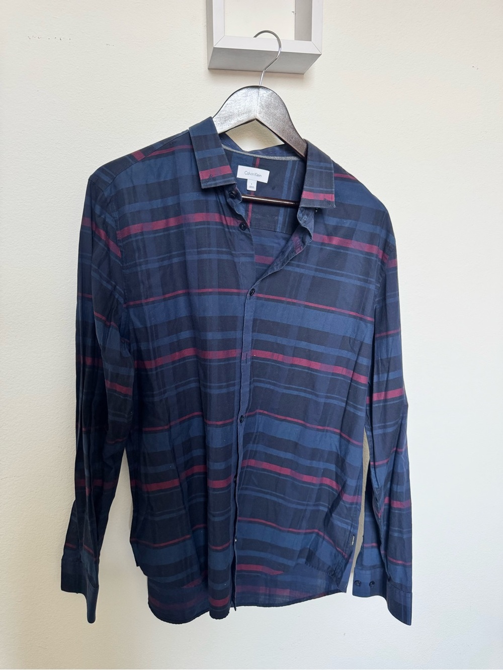 Calvin Klein Navy Shirt with Burgundy Plaid Stripes
